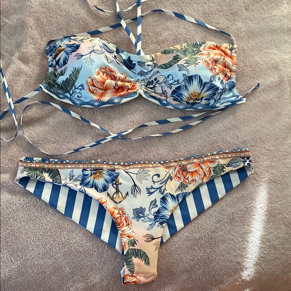 Agua Bendita Blue Floral and Striped Bikini